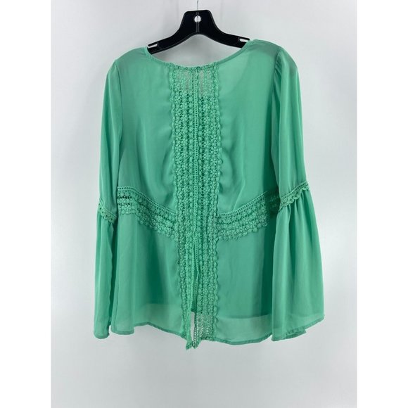 Entro  Women's Long Sleeve Mint Green Boho Crochet Back Shirt Top Blouse Medium - Picture 5 of 10